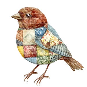 10 mus clipartbundel, png en jpg, afdrukbare patchwork vogelillustraties, digitale download, scrapbook crafting, quilt mus vogelafbeelding