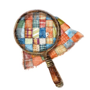 Puede incluir: Una lupa con un mango de madera y una lente circular. La lente está enmarcada en madera y muestra un diseño de colcha de retazos. La colcha está hecha de varios colores y patrones, incluyendo rojo, azul, verde, amarillo y naranja.