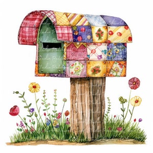 10 brievenbussen clipartbundel, png en jpg, afdrukbare patchwork-postbus, illustraties, digitale download, scrapbooking, quiltafbeelding