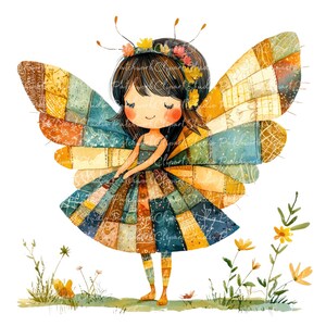 10 Fairy Clipart Bundle, PNG & JPG, Printable Patchwork Fairy Illustrations, Fairy Digital Download, Scrapbook Crafting, Cute Fairies Image