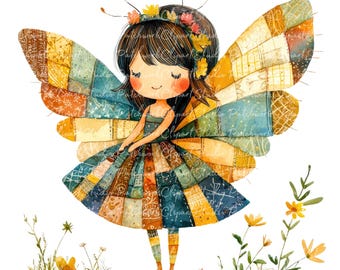 Pacchetto di 10 Clipart di fate, PNG e JPG, illustrazioni di fate patchwork stampabili, download digitale di fate, creazione di album di ritagli, immagini di fate carine