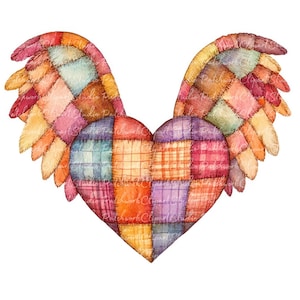 Könnte beinhalten: Ein Patchwork-Herz mit Flügeln. Das Herz und die Flügel bestehen aus bunten Stoffquadraten, die zusammengenäht sind. Das Herz ist rot, orange, gelb, grün, blau, lila und rosa. Die Flügel sind in den gleichen Farben gehalten, enthalten aber auch Braun und Weiß.