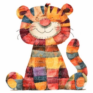 May include: A watercolor illustration of a patchwork tiger sitting with a big smile. The tiger is made up of different colored squares and rectangles, creating a patchwork effect. The tiger's fur is a mix of orange, yellow, red, blue, and green.