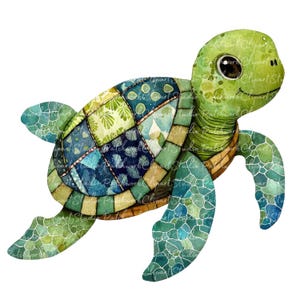 May include: Watercolor illustration of a sea turtle with a patchwork shell. The turtle features a green head and limbs, with a shell composed of blue, green, and tan patterned squares. The turtle has a friendly expression.