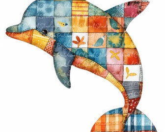 10 Dolphins Clipart Bundle, PNG & JPG, Printable Patchwork Dolphin, Illustrations, Digital Download, Scrapbook Crafting, Quilt Image