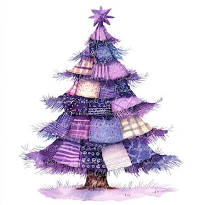 10 bundle di clipart di alberi di Natale viola, PNG e JPG, patchwork stampabile, illustrazioni di Natale, download digitale, artigianato di scrapbooking, immagine di quilt