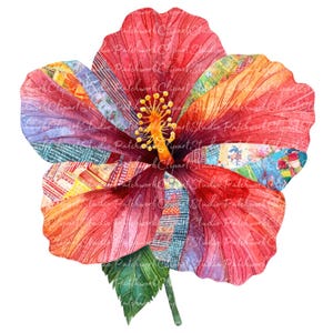 May include: A watercolor painting of a red hibiscus flower with a patchwork pattern. The flower is in bloom and has a yellow center. The flower is surrounded by green leaves.