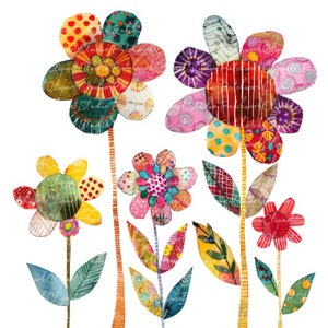 Paquete de 10 imágenes prediseñadas de flores (PNG y JPG), flores de patchwork imprimibles, ilustraciones, descarga digital, manualidades con álbumes de recortes, imágenes de colchas