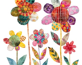 10 Flowers Clipart Bundle, PNG & JPG, Printable Patchwork Flower, Illustrations, Digital Download, Scrapbook Crafting, Quilt Image