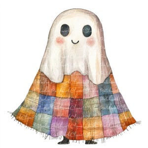 Może przedstawiać: Aquarela przedstawiająca przyjaznego ducha w kolorowej patchworkowej kołdrze. Duch ma uśmiechniętą twarz z dwoma czarnymi oczami i różowymi policzkami.
