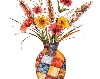 10 Autumn Bouquet Clipart Bundle, PNG & JPG, Printable Patchwork, Illustrations, Digital Download, Scrapbook Crafting, Quilt Image