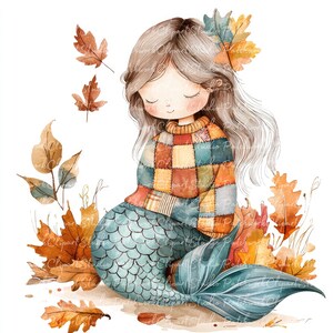 Paquete de 10 imágenes prediseñadas de sirena otoñal (PNG y JPG), patchwork imprimible, ilustración de sirena otoñal, descarga digital, manualidades de scrapbooking, imagen de colcha