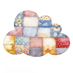 May include: A patchwork cloud with a variety of colors and patterns, including red, blue, yellow, and green. The cloud is made of fabric squares sewn together with a zig-zag stitch.