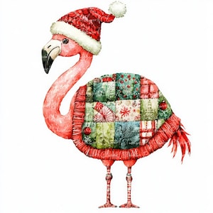 Pacote de 10 clipart de flamingo de Natal, PNG e JPG, patchwork para impressão, ilustrações de Natal, download digital, artesanato de scrapbook, imagem de colcha
