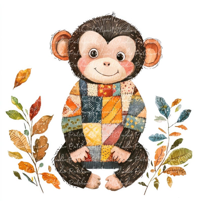 10 Autumn Monkey Clipart Bundle, JPG & PNG, Printable Patchwork, Monkey