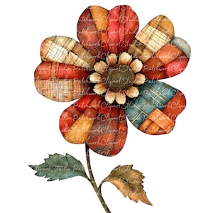 Könnte beinhalten: Eine Patchwork-Blume mit roten, orangen, gelben, blauen und braunen Stoffstücken. Die Blume hat eine Mitte mit einem gelben und braunen Design. Die Blume sitzt auf einem Stiel mit grünen Blättern.