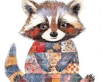 10 Raccoons Clipart Bundle, PNG & JPG, Printable Patchwork Raccoon, Illustrations, Digital Download, Scrapbook Crafting, Quilt Image
