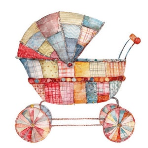 Puede incluir: Un cochecito de bebé de estilo vintage con un diseño de tela patchwork en tonos rojos, azules, amarillos y verdes. El cochecito tiene una capota y dos ruedas.