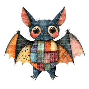 10 Bat Clipart Bundle, PNG & JPG, Printable Patchwork, Spooky Halloween ...