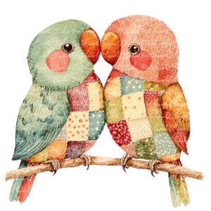 Pacchetto di 10 Clipart di piccioncini inseparabili, PNG e JPG, illustrazioni di uccelli romantici patchwork stampabili, download digitale, creazione di album, immagine per quilt