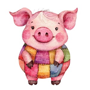 Paquete de 10 imágenes prediseñadas de cerditos (PNG y JPG), ilustraciones imprimibles de cerditos con patchwork, descarga digital, manualidades con álbumes de recortes, imagen de un cerdito rosa adorable