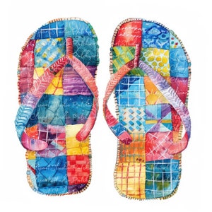 May include: A pair of colorful patchwork flip-flops with a red, blue, yellow, and green color scheme. The flip-flops are made of different fabric scraps sewn together.