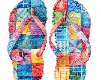 Paquete de 10 imágenes prediseñadas de chanclas, PNG y JPG, pantuflas de patchwork imprimibles, ilustraciones, descarga digital, manualidades con álbumes de recortes, imágenes de colchas