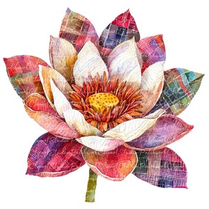 Pacote com 10 clipart de nenúfares, PNG e JPG, ilustrações de nenúfares em patchwork para impressão, download digital, criação de scrapbook, imagem de flores