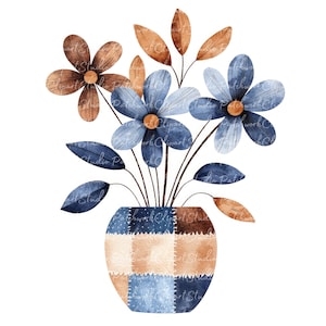 May include: A bouquet of blue and brown flowers in a blue and brown patchwork ceramic vase.