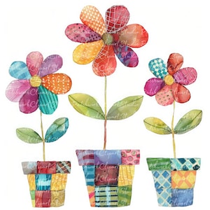 Paquete de 10 imágenes prediseñadas de tres macetas (PNG y JPG), flores de patchwork imprimibles, ilustraciones, descarga digital, manualidades con scrapbooking, imagen de colcha