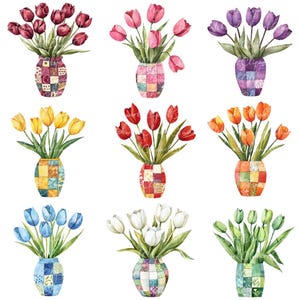 Pacote com 10 cliparts de tulipas variadas em vasos, PNG e JPG, patchwork para impressão, ilustrações, download digital, artesanato para scrapbook, imagem de colcha