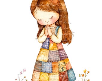 15 Praying Girl Clipart Bundle, PNG & JPG, Printable Patchwork Praying Girl Images, Digital Download, Scrapbook Crafts, Cute Christian Image