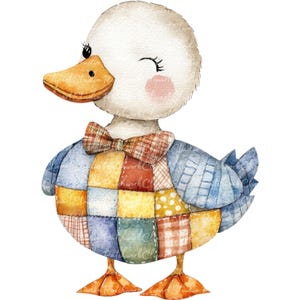 May include: A watercolor illustration of a cute, white duck wearing a blue and patchwork quilt vest with a brown bow tie. The duck has a winking eye and a pink cheek.