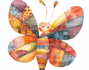 10 Butterflies Clipart Bundle, PNG & JPG, Printable Patchwork Butterfly, Illustrations, Digital Download, Scrapbook Crafting, Quilt