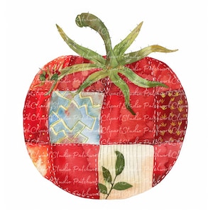 May include: A red tomato with a patchwork design, featuring a variety of fabrics and colors, including red, white, blue, and green. The tomato has a green stem and leaves.