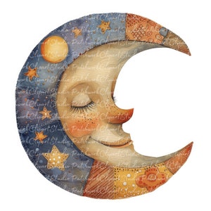 Patchwork Moon 10 Moon Clipart Bundle, PNG & JPG, Printable Patchwork Yellow Moons ...