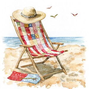 10 Beach Chair Clipart Bundle, PNG & JPG, Printable Patchwork Beach Chairs Illustrations, Digital Download, Scrapbook Crafting, Quilt Image