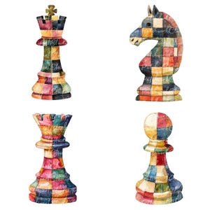 Paquete de 10 imágenes prediseñadas de piezas de ajedrez (PNG y JPG), ilustraciones imprimibles de piezas de ajedrez para patchwork, descarga digital, manualidades con scrapbooking, imágenes de colchas