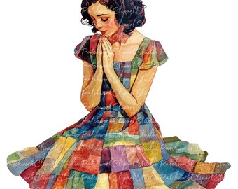 12 Woman Praying Clipart Bundle, PNG & JPG, Printable Patchwork Woman Illustrations, Digital Download, Scrapbook Crafts, Praying Woman Image