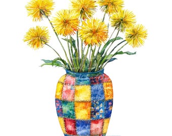 10 Yellow Dandelion in Vase Clipart Bundle, PNG & JPG, Printable Patchwork Illustrations, Digital Download, Fresh Dandelion Flowers, Image