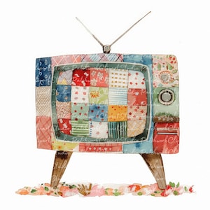 May include: A vintage-style television set with a patchwork screen. The television is painted in a watercolor style and has a whimsical, retro feel.