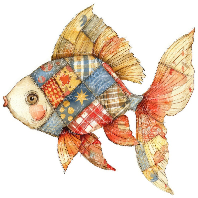 Patchwork Fish 10 Goldfish Clipart Bundle, PNG & JPG, Printable Patchwork Fish ...