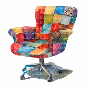 May include: A colourful patchwork office chair with a swivel base and five wheels. The chair is made of different fabrics in shades of red, blue, yellow, green, and purple.