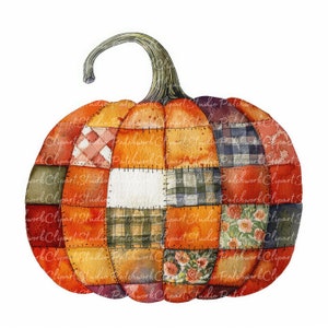 10 Pumpkins Clipart Bundle, PNG & JPG, Printable Patchwork Pumpkin, Illustrations, Digital Download, Scrapbook Crafting, Quilt Image