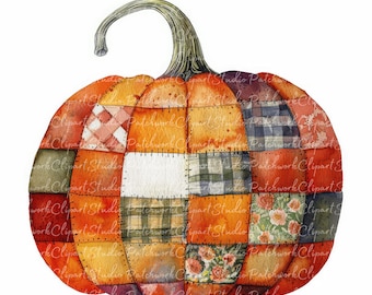 10 Pumpkins Clipart Bundle, PNG & JPG, Printable Patchwork Pumpkin, Illustrations, Digital Download, Scrapbook Crafting, Quilt Image