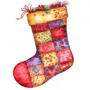 May include: A red, yellow, and purple patchwork Christmas stocking with a green and red bow and berries at the top.