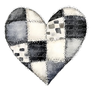 Puede incluir: Un corazón de patchwork blanco y negro con un diseño cosido. El corazón está hecho de varios cuadrados de tela y está pintado en estilo acuarela.