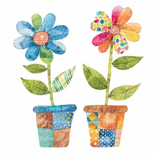 10 twee bloempotten clipartbundel, png en jpg, afdrukbare patchwork bloemenpot, illustraties, digitale download, scrapbook ambachten, quiltafbeelding