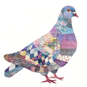 May include: A colorful patchwork pigeon with a blue head and pink feet. The pigeon is made up of many different fabrics and patterns, including floral, geometric, and plaid.
