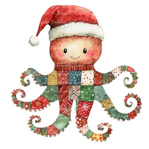 10 Christmas Octopus Clipart Bundle, PNG & JPG, Printable Patchwork, XMAS Illustrations, Digital Download, Scrapbook Crafting, Quilt Image